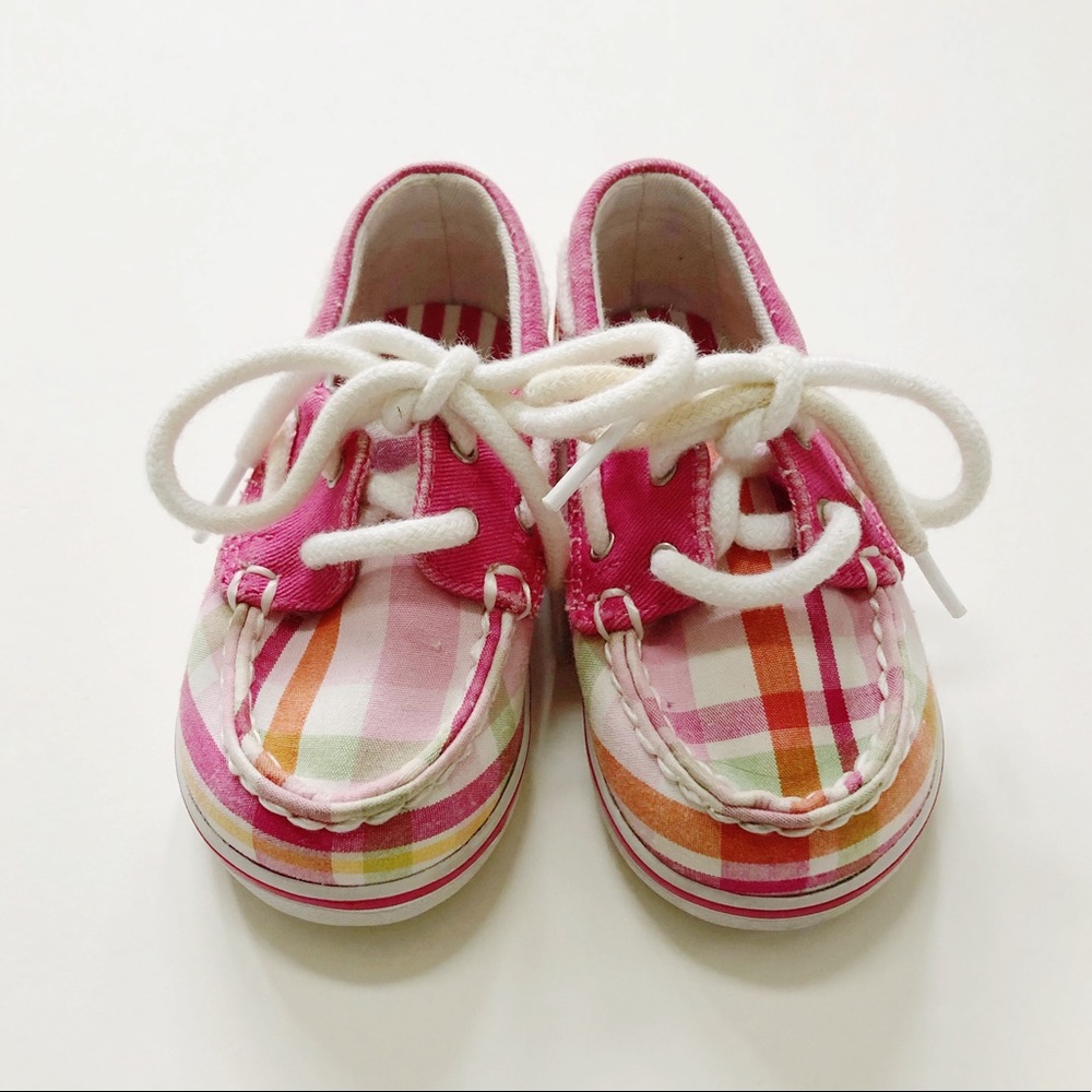 Sperry Pink Plaid Boat Shoes Size 4 VGUC